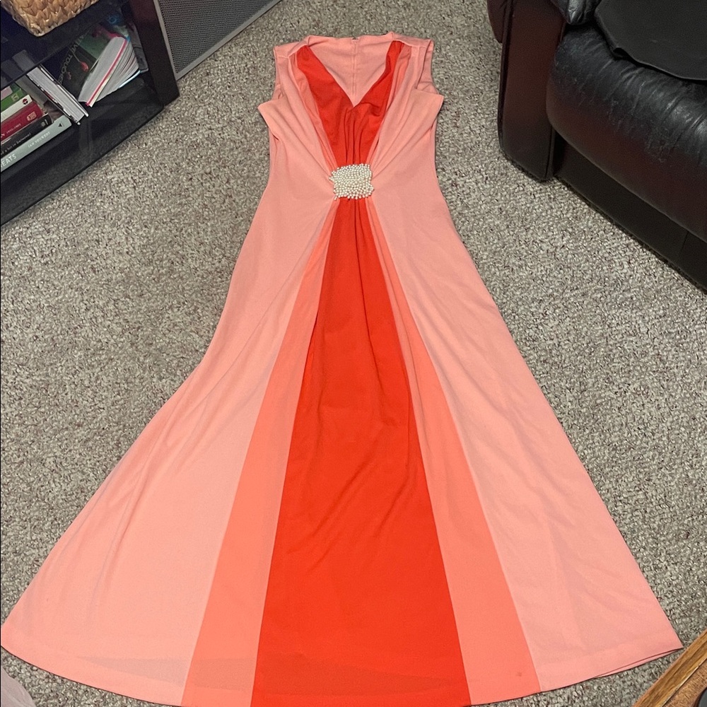 Vintage 60s/70s gathered colourblock with pearl waist embellishments maxi dress - Picture 1 of 12